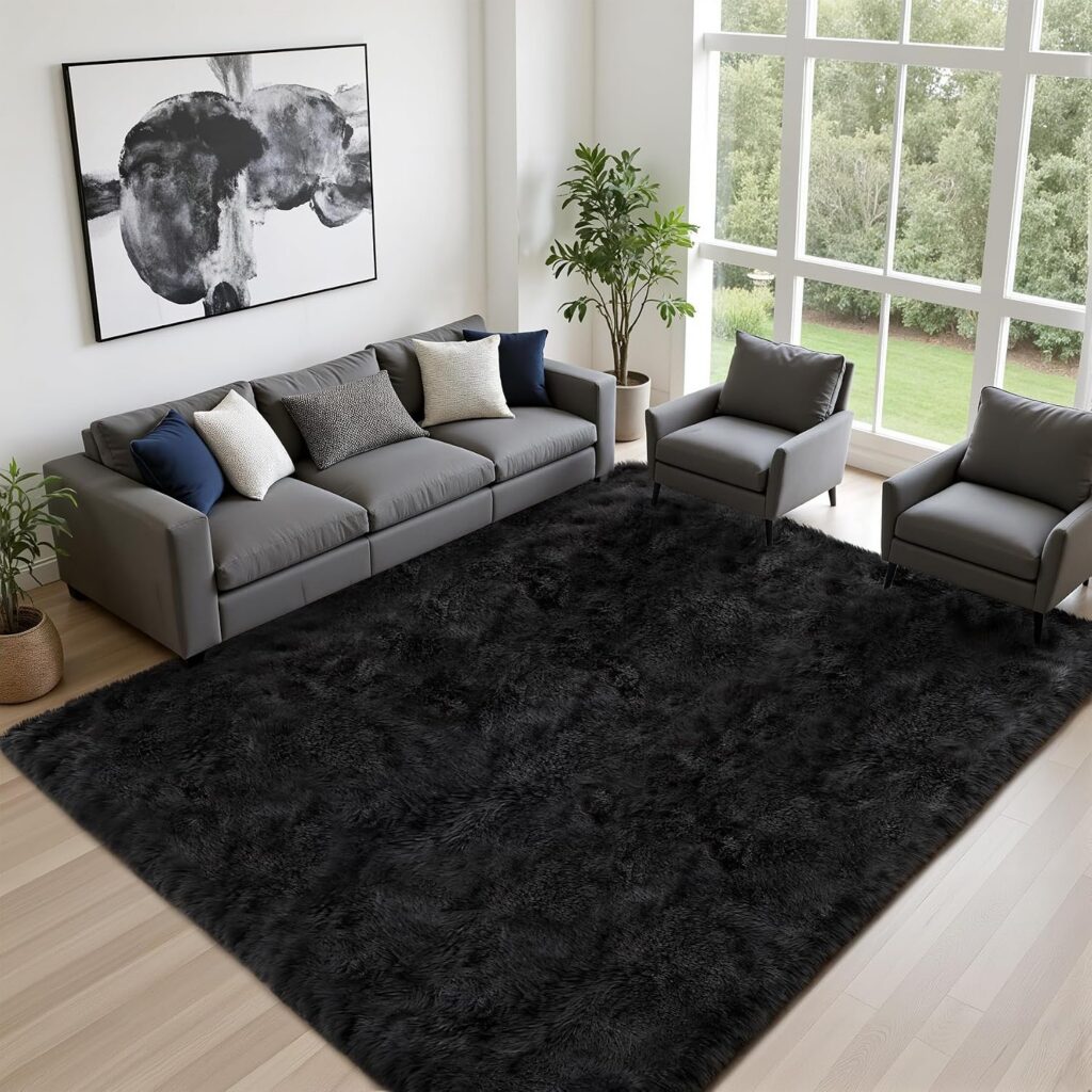 8x10 Area Rug Living Room Bedroom: Fluffy Plush Shag Carpet Black